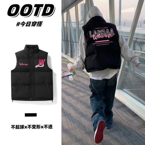 2025国潮小众字母印花立领棉衣马甲男女秋冬加厚情侣百搭外套上衣