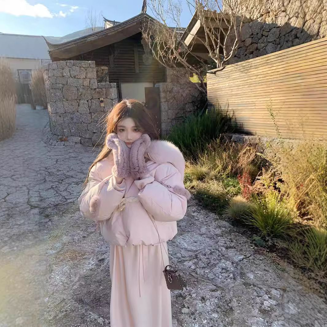 【jill大姐姐牛角包平替】羽绒服女短款连帽2025冬真狐狸毛大毛领