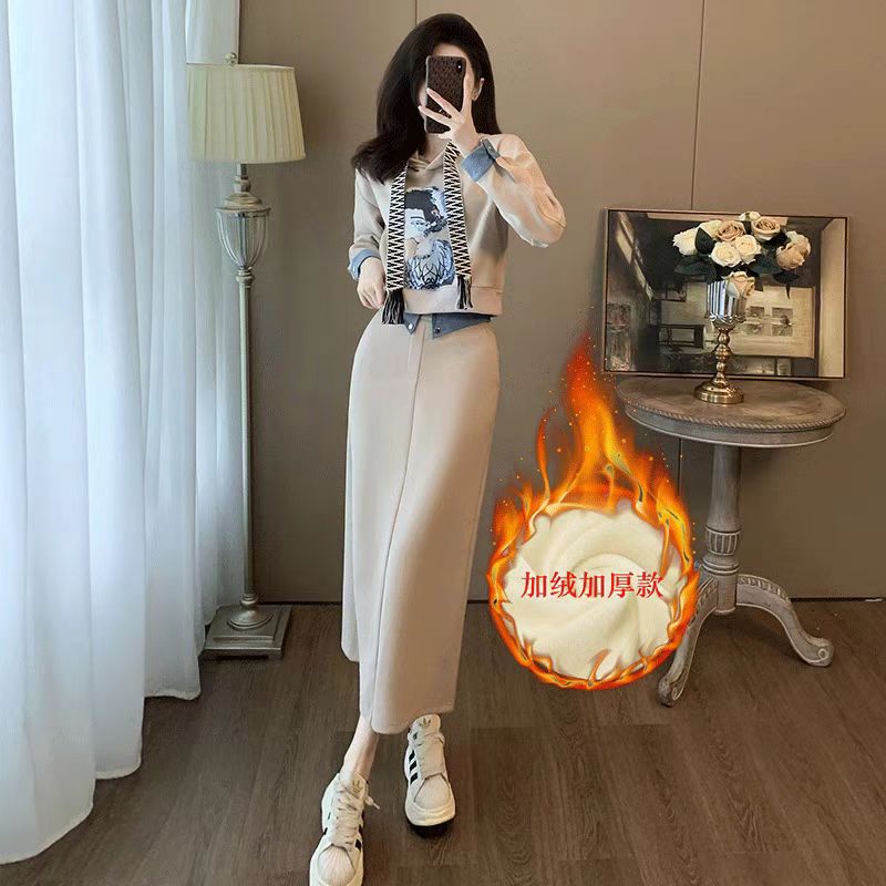 洋气减龄显高腰复古法式刺绣卫衣女冬季加绒休闲运动半身裙两件套