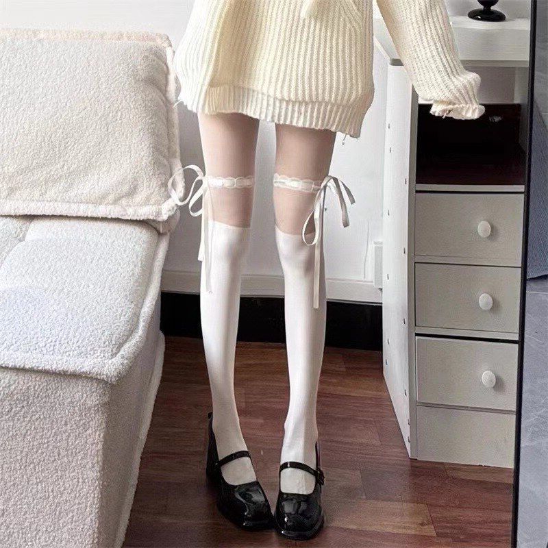 纯欲风薄款丝袜绑带连裤袜蝴蝶结