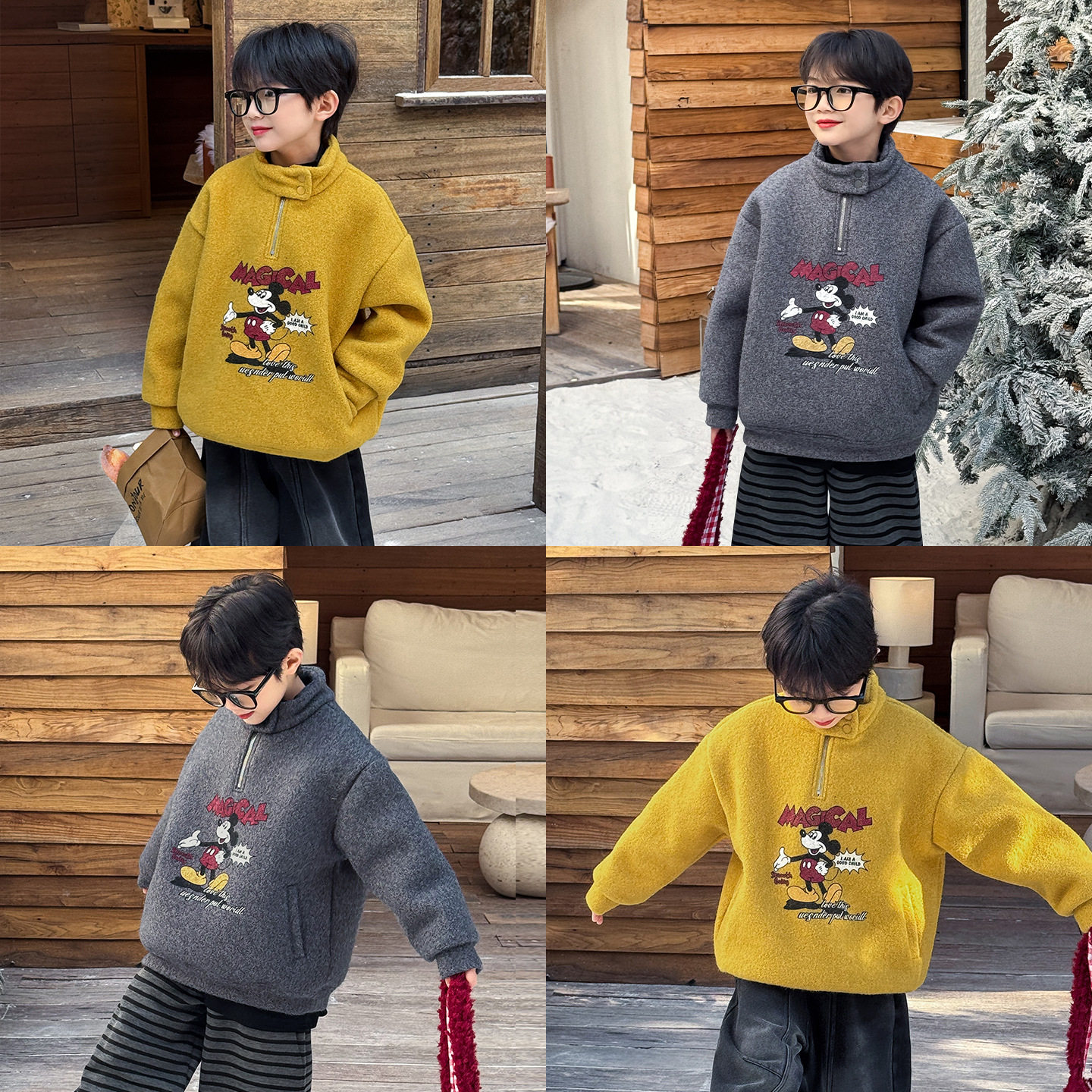 【冬款清仓！现货现发】男童卡通印花立领拉链钉扣加绒儿童卫衣潮