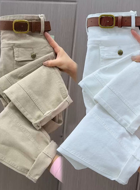 水洗棉工装直筒裤女春季新款高腰显瘦卷边休闲裤宽松百搭运动裤