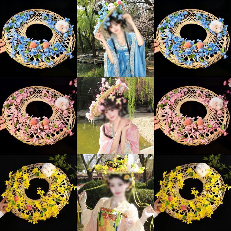 小唐风斗笠古风花环头饰拍照神器帷帽古风斗笠同款花朵头饰一整套图片