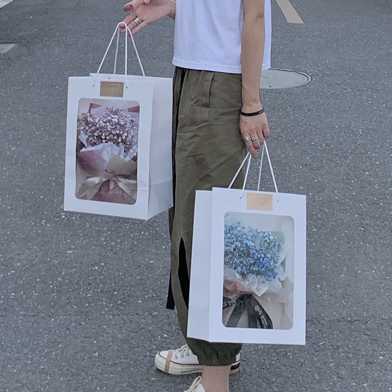 礼品袋鲜花手拎袋网红ins透明开窗橱窗手提袋小花束白色袋子小号