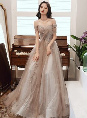 一字肩宴会晚礼服女2023春季新款名媛气质连衣裙气场女王年会长款