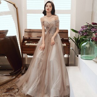 一字肩宴会晚礼服女2023春季新款名媛气质连衣裙气场女王年会长款