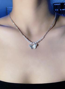 小众气质复古珍珠项链法式爆款蝴蝶碎银蹦迪珠高级感锁骨链颈链女