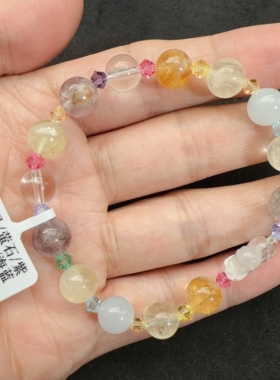 天然石8mm黄塔晶萤石紫水晶海蓝宝手链小众高级感国风复古手饰女