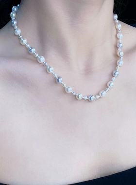 复古白真多麻色混彩施家珍珠金属拼接项链颈链女小众设计感锁骨链