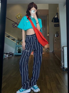 CBCD刺绣条纹西裤垂坠感国潮牌阔腿直筒休闲长裤宽松裤子男女情侣