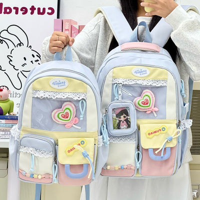 蓝色系痛包双肩包初中生女生书包