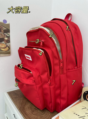 书包女大学生韩国大容量多层设计高中学生校园双肩包红色宝藏背包