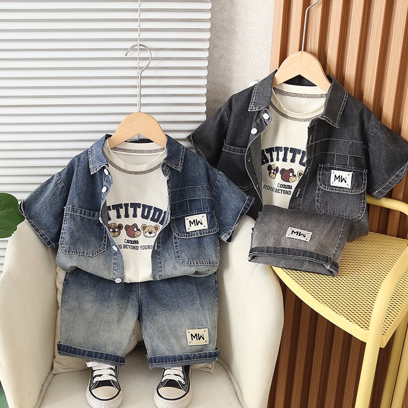 2026新款男童牛仔套装3短袖衬衫短裤三件套宝宝1-5岁夏季时髦衣服
