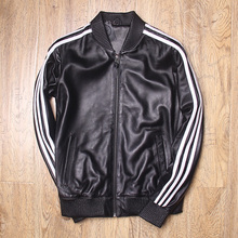 棒球服机车夹克大码 皮螺纹 男装 绵羊真皮皮衣男修身 2019秋新款 短款