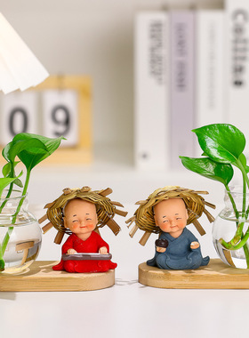 创意草帽小和尚水培家居小摆件禅意小沙弥水养绿萝花瓶器皿