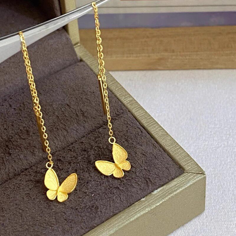 黄金色拉丝蝴蝶流苏耳线女2025新款小众高级感耳环新中式百搭耳饰