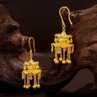 新款爆款沙金耳饰亭阁宫灯耳坠新中式花丝镂空亭台楼阁宫廷风耳环