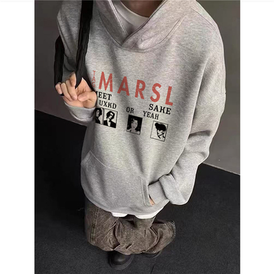 纯棉高街美式潮牌灰色连帽卫衣男