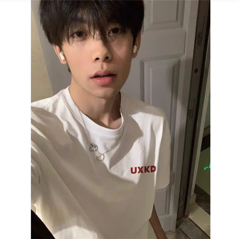 纯棉美式潮牌白色正肩短袖t恤男图片
