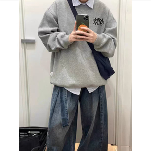 重磅纯棉美式 上衣 潮牌字母圆领卫衣男秋冬宽松慵懒风加绒加厚长袖