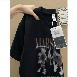 重磅纯棉高街美式 宽松正肩黑色上衣 复古潮牌短袖 t恤男夏2025新款