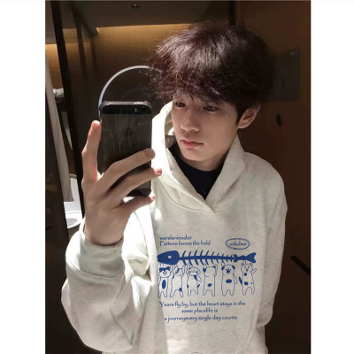 美式复古潮牌趣味印花连帽卫衣男