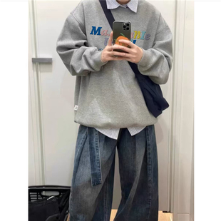 纯棉美式 宽松设计感加绒加厚上衣 复古潮牌字母无帽卫衣男2025新款