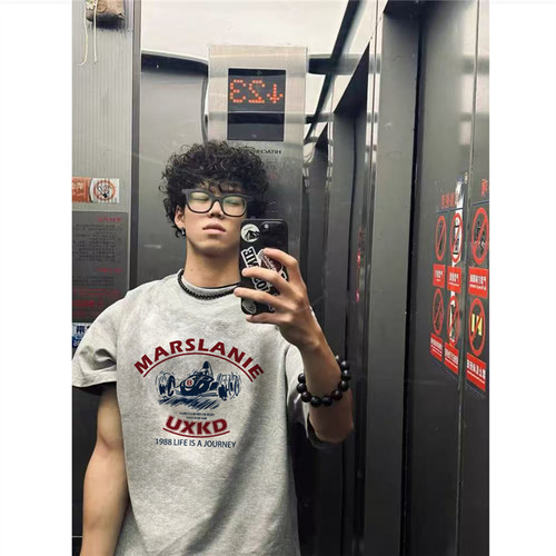 纯棉美式复古灰色正肩短袖t恤男