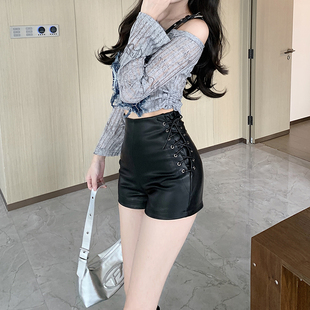 皮裤 皮短裤 高腰靴裤 女秋冬外穿打底2024新款 百搭黑色pu绑带休闲裤