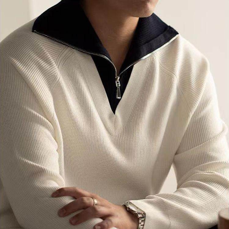 高级感半拉链白色毛衣男士翻领冬季厚款保暖修身商务假两件针织衫