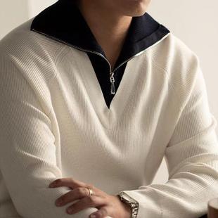 高级感半拉链白色毛衣男士翻领冬季厚款保暖修身商务假两件针织衫