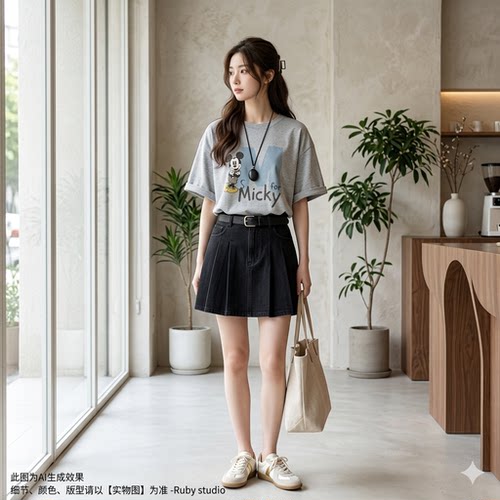 Ruby 夏季新款韩系米奇字母印花短袖T恤女宽松休闲上衣服