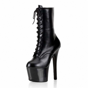 17cm细跟恨天高系带夜店演出大码 性感防水台欧美低筒超高跟短靴