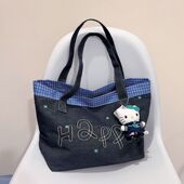 超日系简约文艺刺绣牛仔帆布包包女2025新款 学生大容量单肩托特包