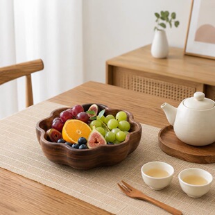 胡桃木手工雕刻创意果盘小号家用下午茶点心零食盘花朵造型