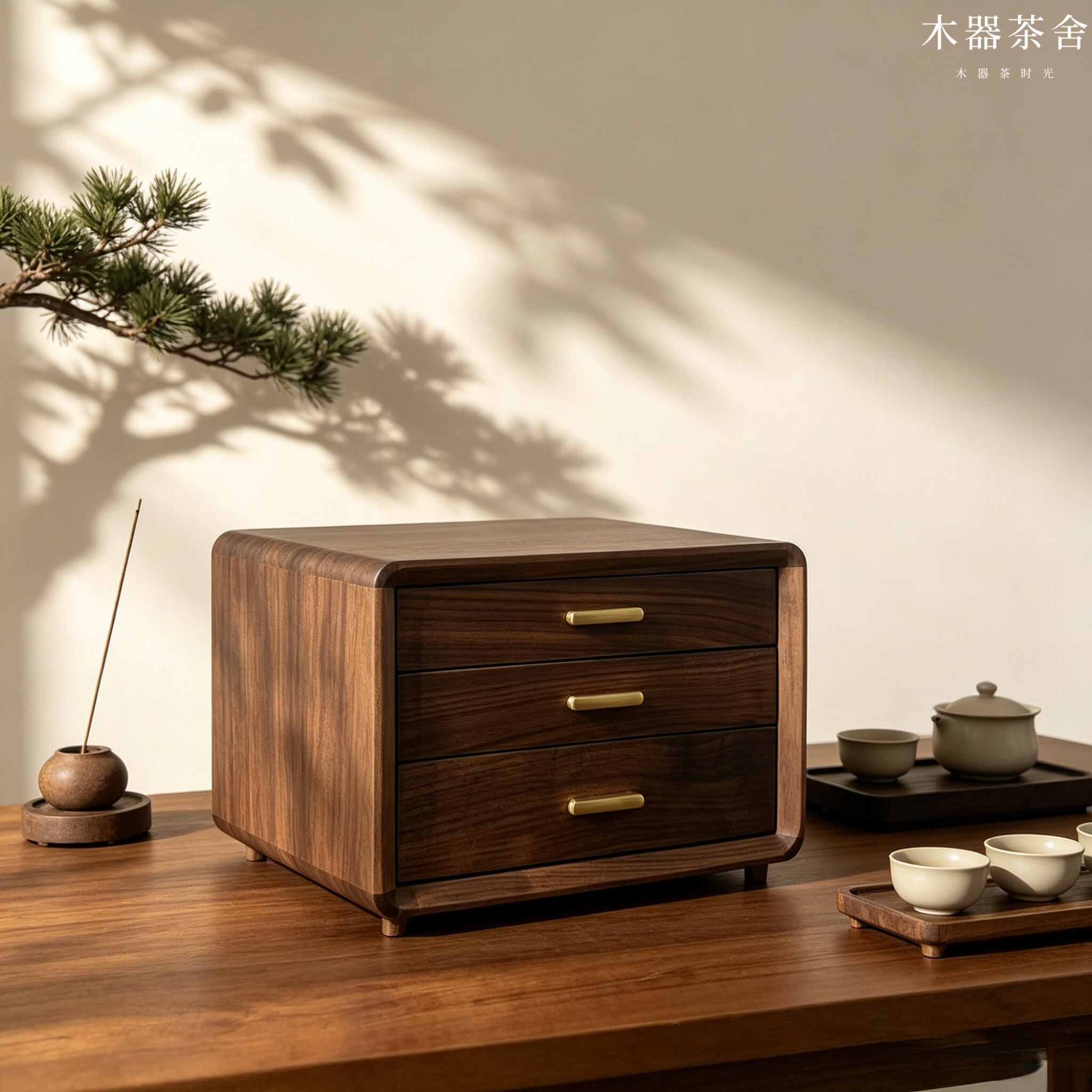 3层黑胡桃三层抽屉茶具置物架新中式实木茶桌桌面收纳防尘图片