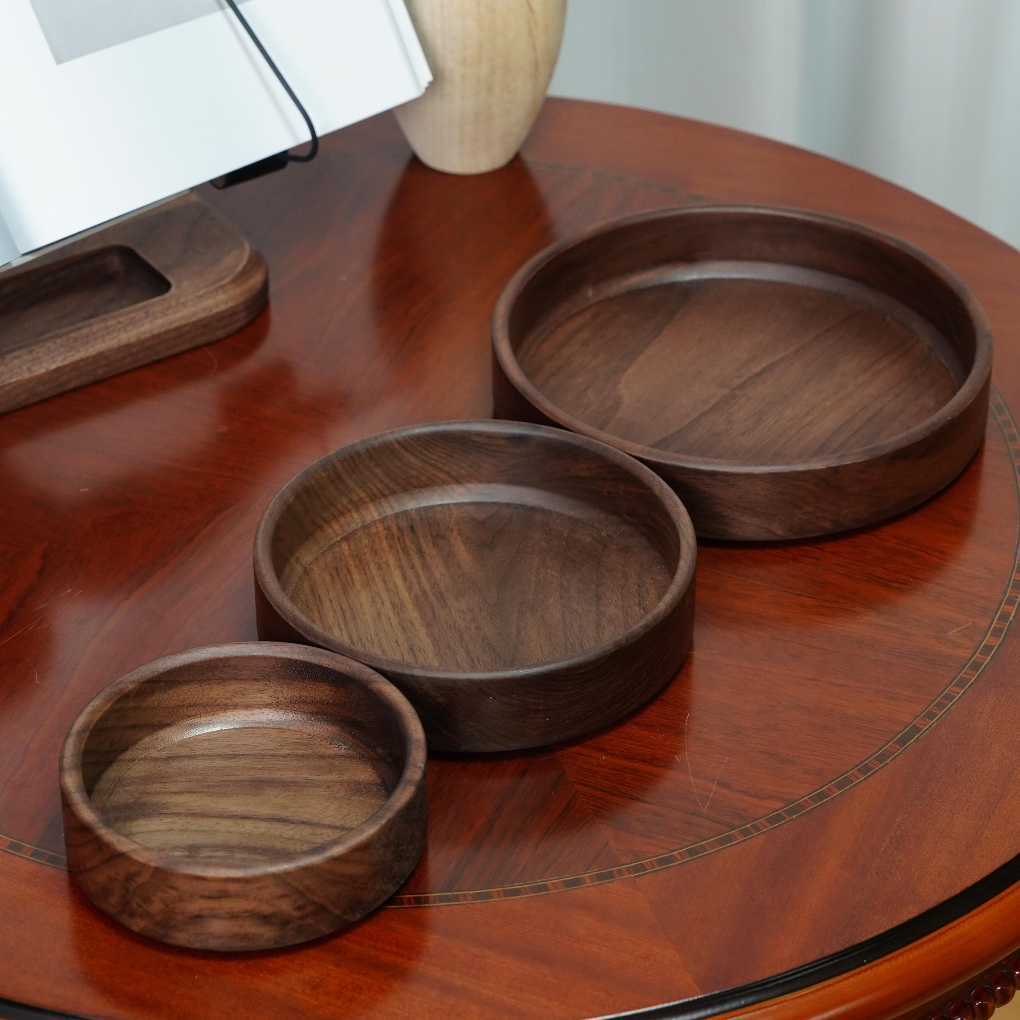 北美实木圆形盘钵果盘家用客厅茶水沥水胡桃木甜品盘零食坚果盘