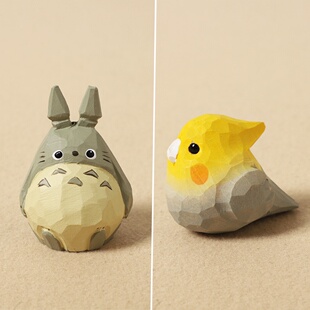 手工木雕龙猫小鹦鹉摆件治愈摆件可爱萌物儿童玩具送朋友新年礼物