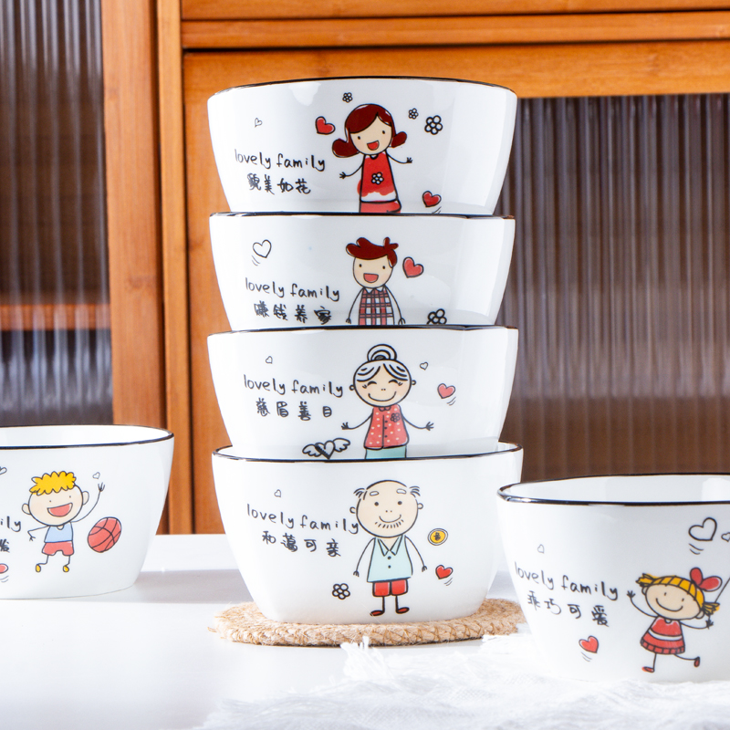 卡通家用一家四口碗亲子碗套装专人专用家庭碗勺筷区分吃饭陶瓷