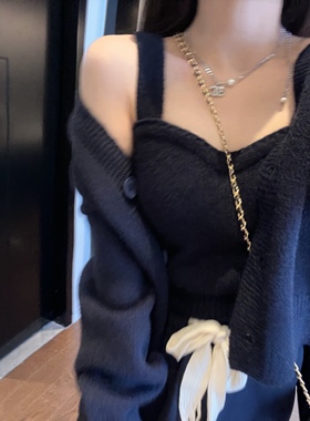 JAMAIS VU清仓 秋冬时髦两件套吊带韩版开衫宽松外套小性感上衣