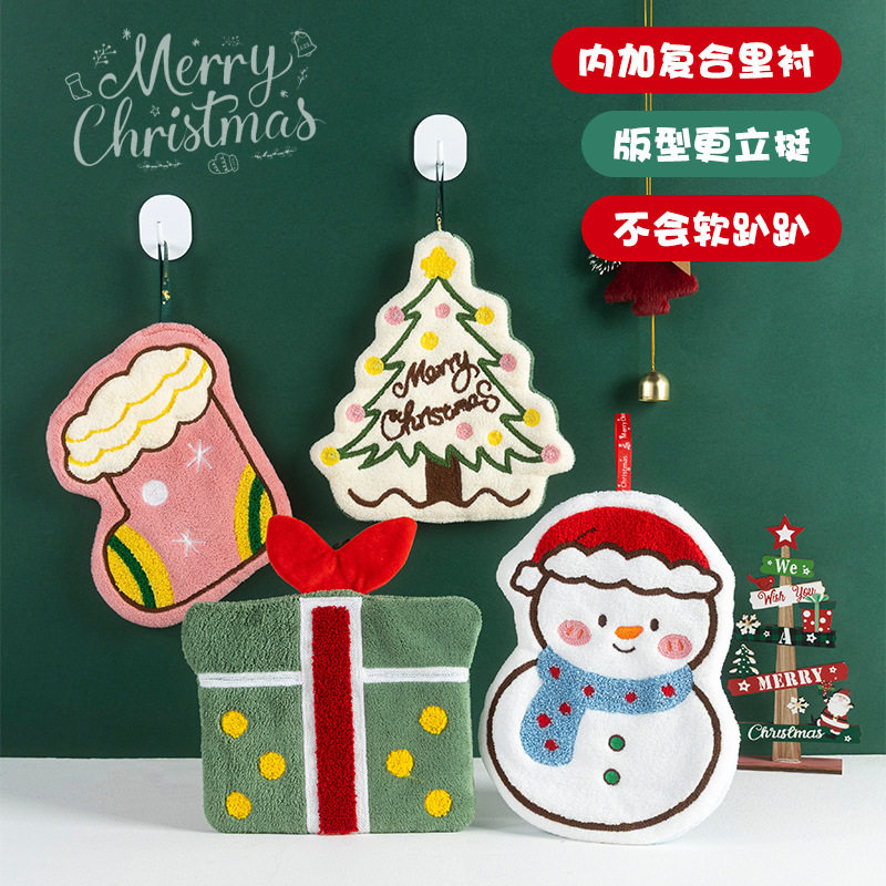 跨境珊瑚绒擦手巾圣诞系列家用擦手小毛巾可挂厨房浴室速干毛巾
