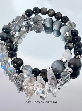 【银翼】新中式小众手链天然黑曜石闪灵钻黑发晶纯银原创设计男女