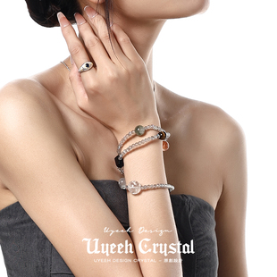 多宝多圈手串 天然灰月光白水晶胶花绿幽灵黄水晶设计款 焚土淦