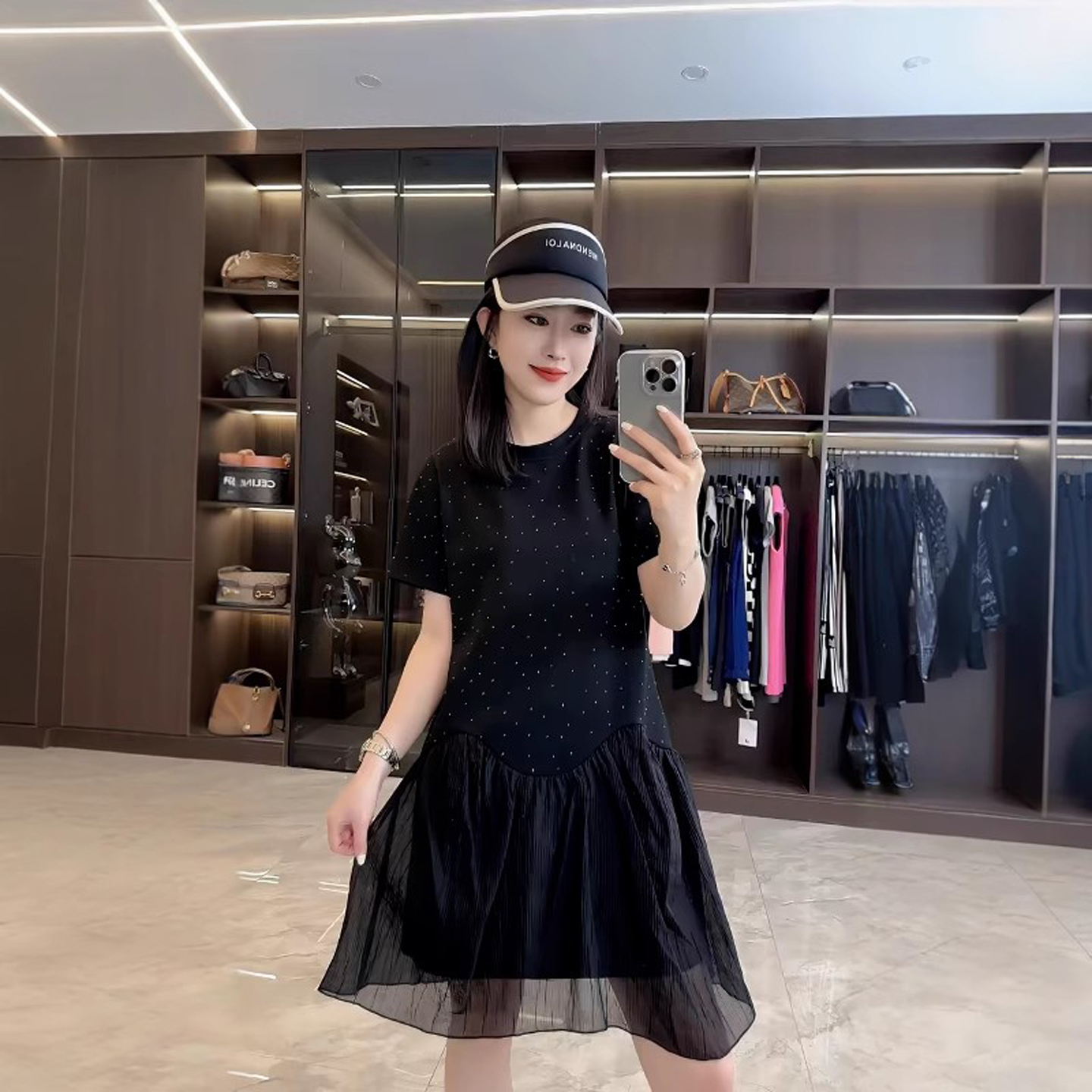 网纱拼接重工烫钻短袖连衣裙女