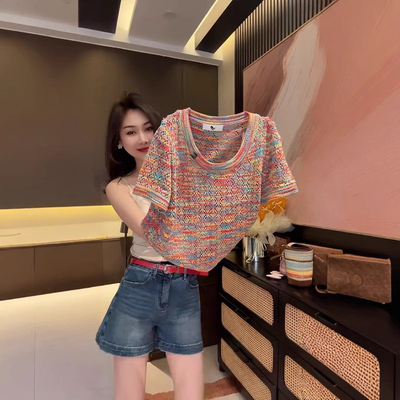 小香风彩色镂空冰丝短袖针织衫女