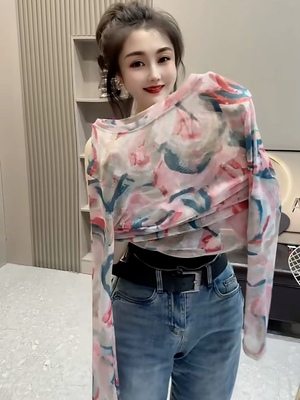 网纱长袖T恤女薄款冰丝防晒上衣