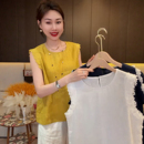 宽松洋气苎麻上衣 法式 复古花边蕾丝拼接圆领无袖 衬衫 女2025夏新款