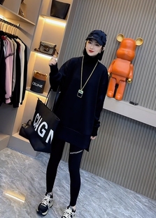 欧货2025冬装新款纯色加绒加厚高领纯棉卫衣女宽松中长款开叉上衣