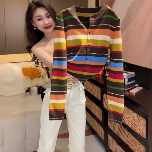 多巴胺彩虹撞色条纹针织开衫女