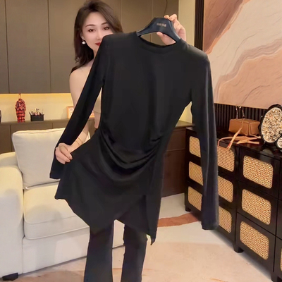 不规则长袖t恤女中长款收腰上衣